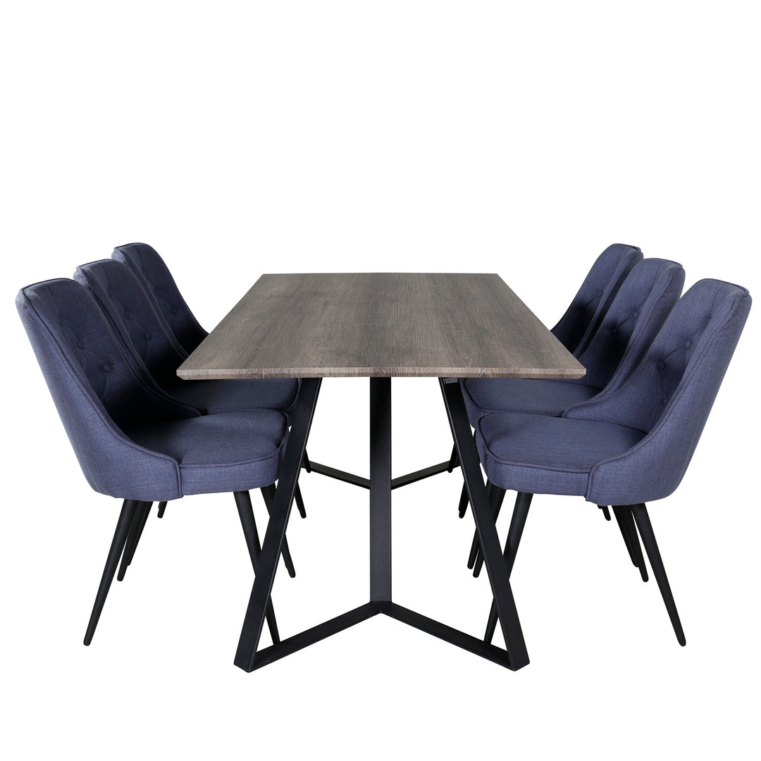 VENTURE DESIGN Marina spisebordssæt m. 6 stole grå finer/sort metal og blå stof/sort metal