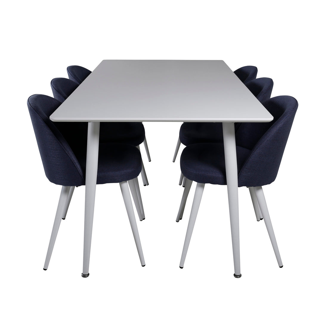 VENTURE DESIGN Polar spisebordssæt m. 6 stole hvid MDF/hvid metal blå stof/hvid metal
