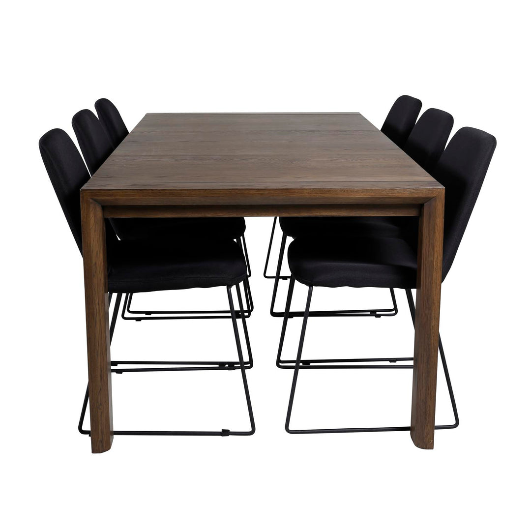 VENTURE DESIGN Slider spisebordssæt m. 6 stole smoked egefiner/eg og sort stof/sort metal