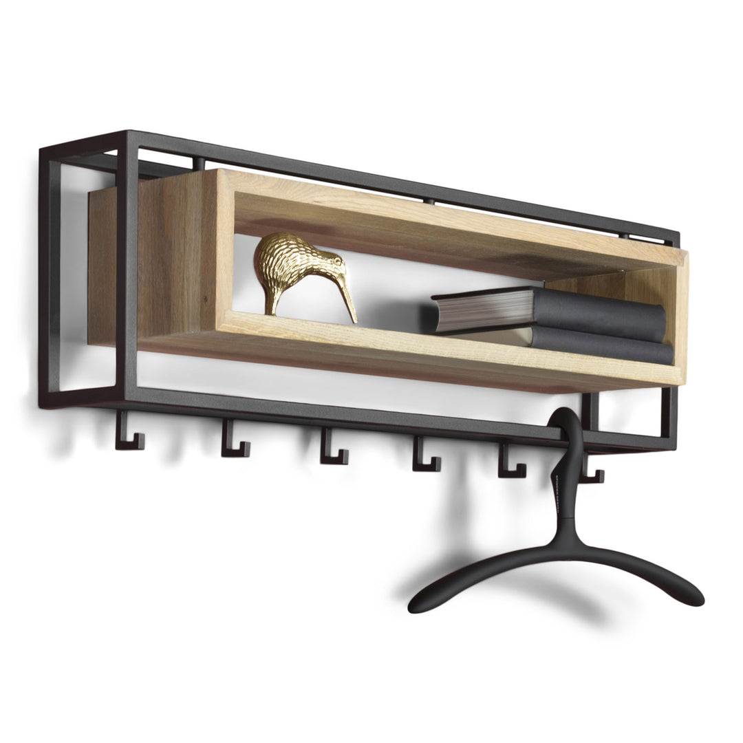 SPINDER DESIGN School knagerække m. 6 knager og træhylde egetræ og sort stål 78x29,5