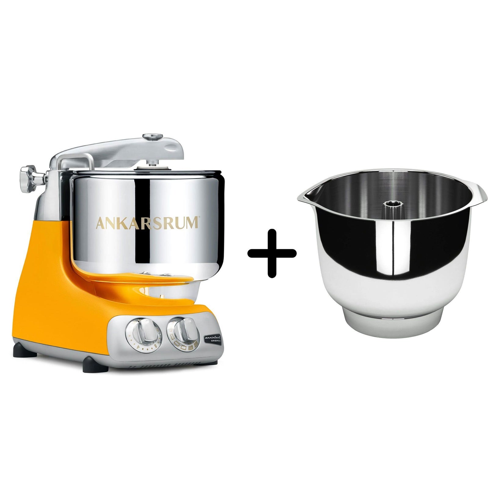 Ankarsrum Ankarsrum AKM 6230 køkkenmaskine + Assistent Original piskeskål, sunbeam yellow – vinkelbillede (Røremaskiner)