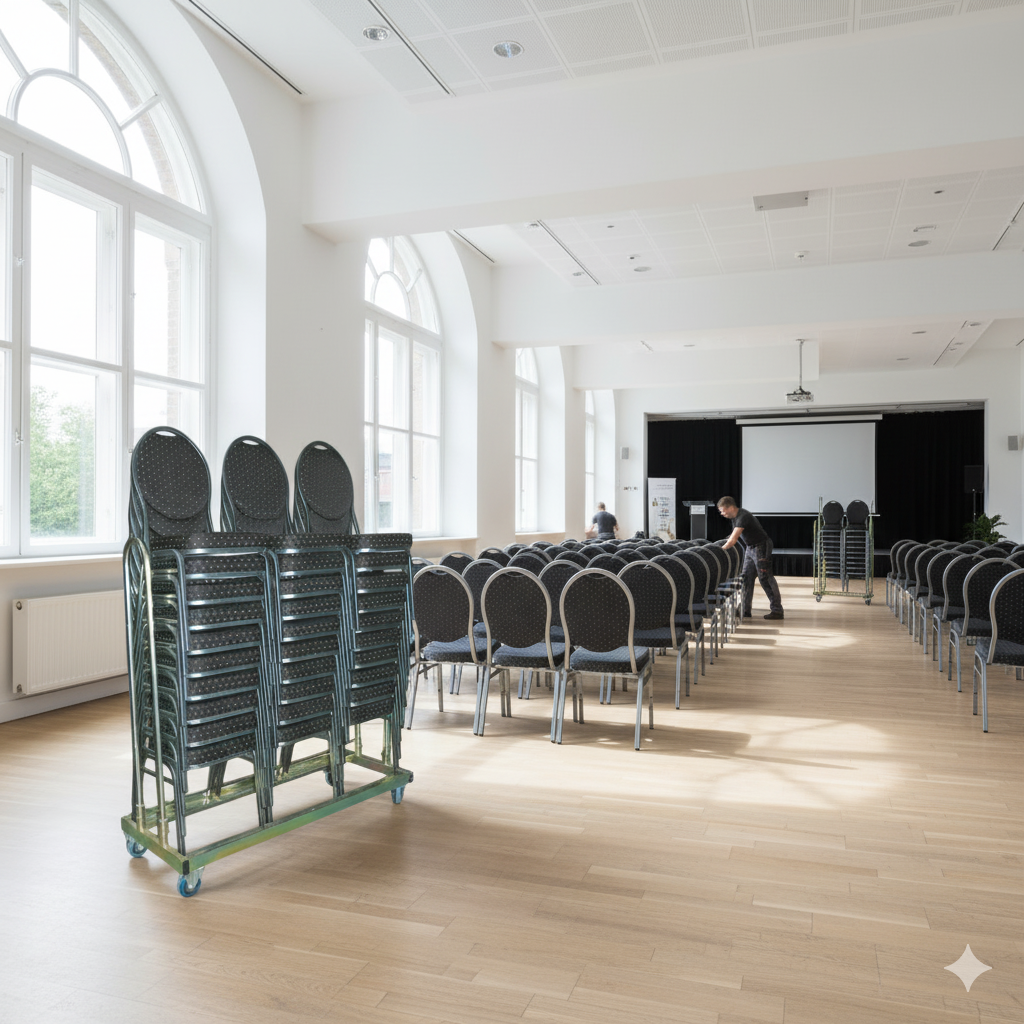 Produktbillede af 30 Banquet steel stole i sort inkl. vogn til 30 stole på tilbud