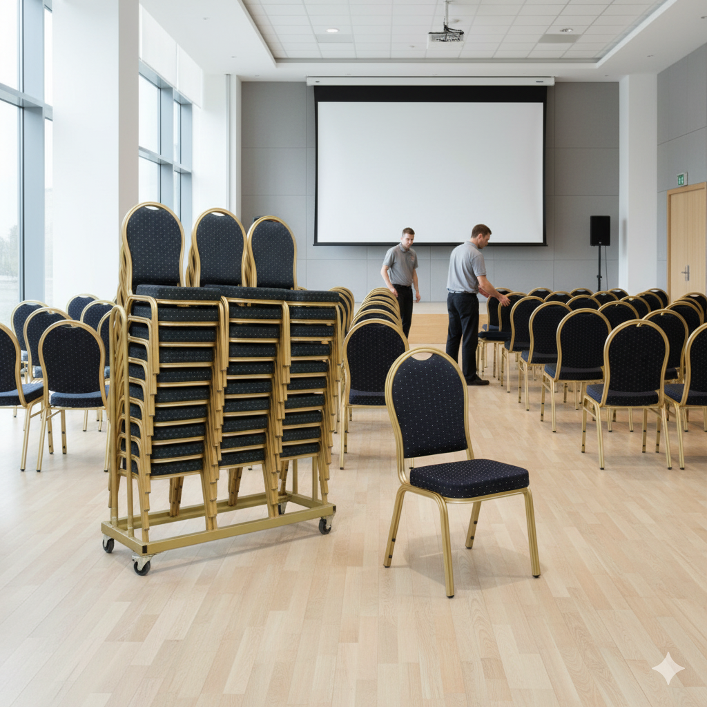 Produktbillede af 30 Banquet Premium stabelstole i blå inkl. stolevogn på tilbud