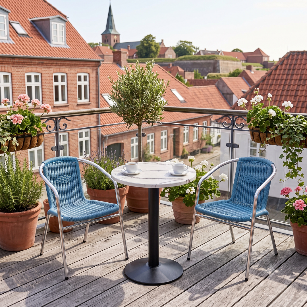 Cafépakke Amsterdam i blå med flettede caféstole og bord i marmorlook
