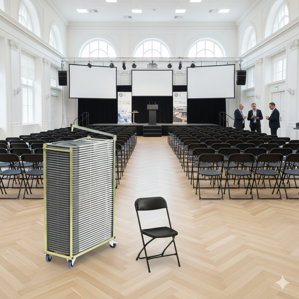 Produktbillede af 50 Event klapstole u. polster i sort inkl. stolevogn på tilbud