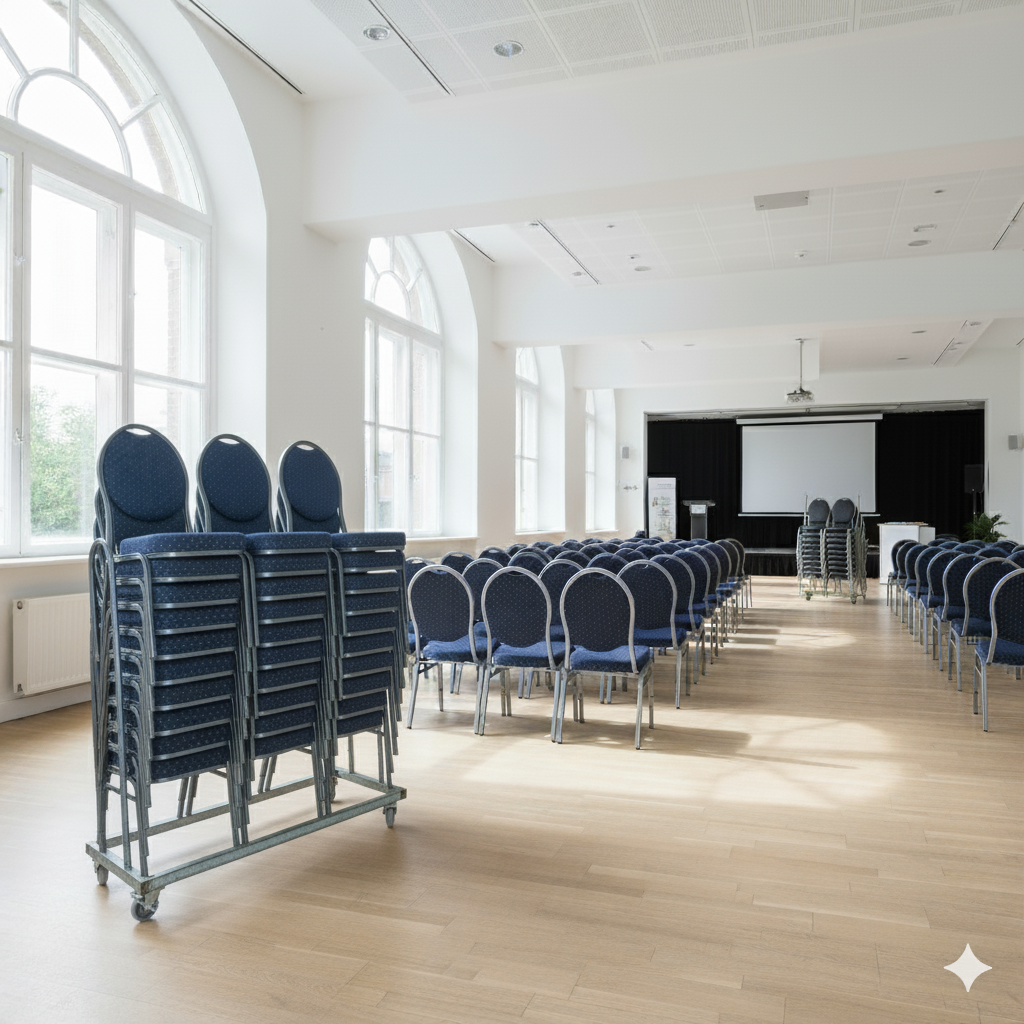 Produktbillede af 30 Banquet steel stole i blå inkl. vogn til 30 stole på tilbud