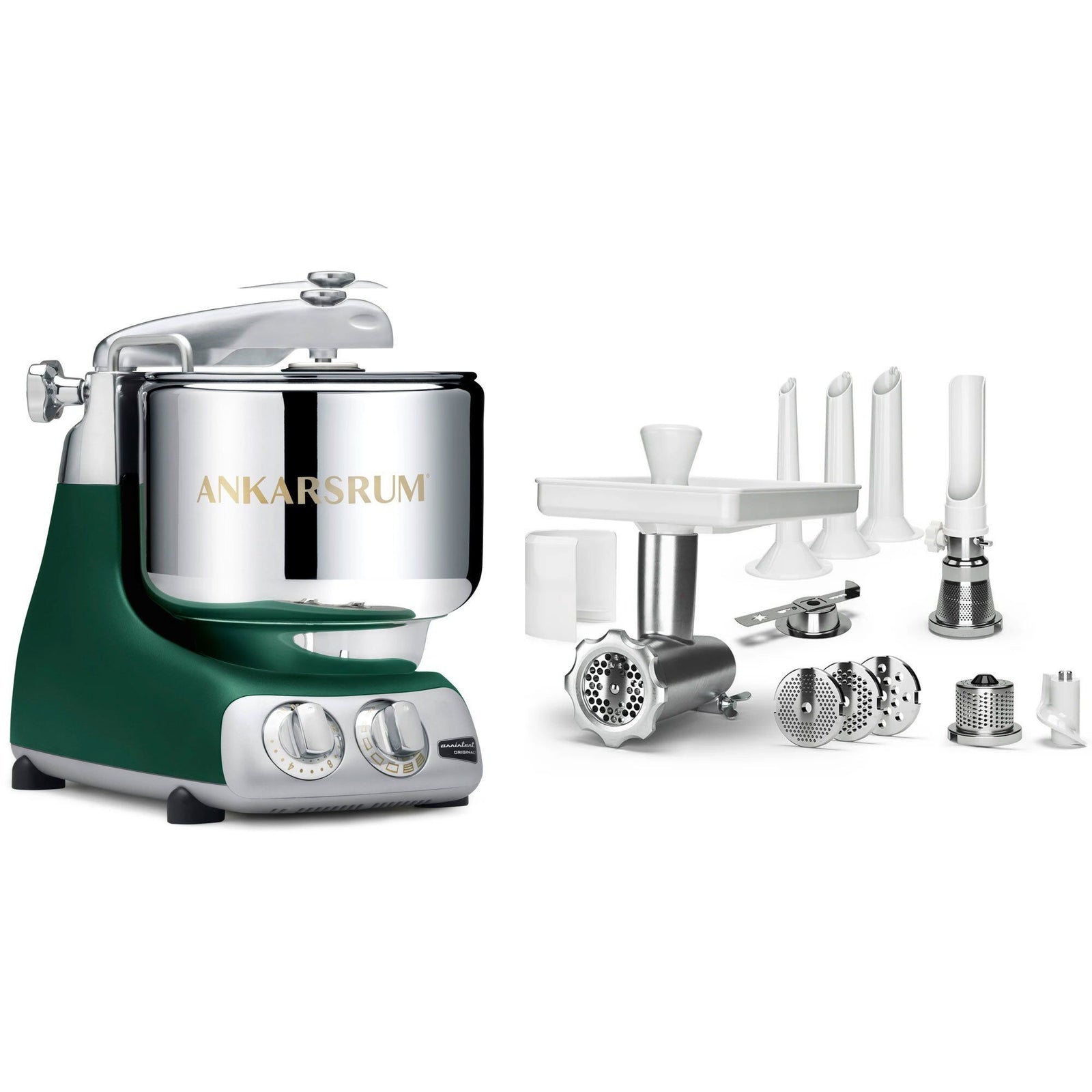 Ankarsrum Ankarsrum Assistent AKM 6230 røremaskine + komplet kødhakker, forest green – frontbillede (Røremaskiner)