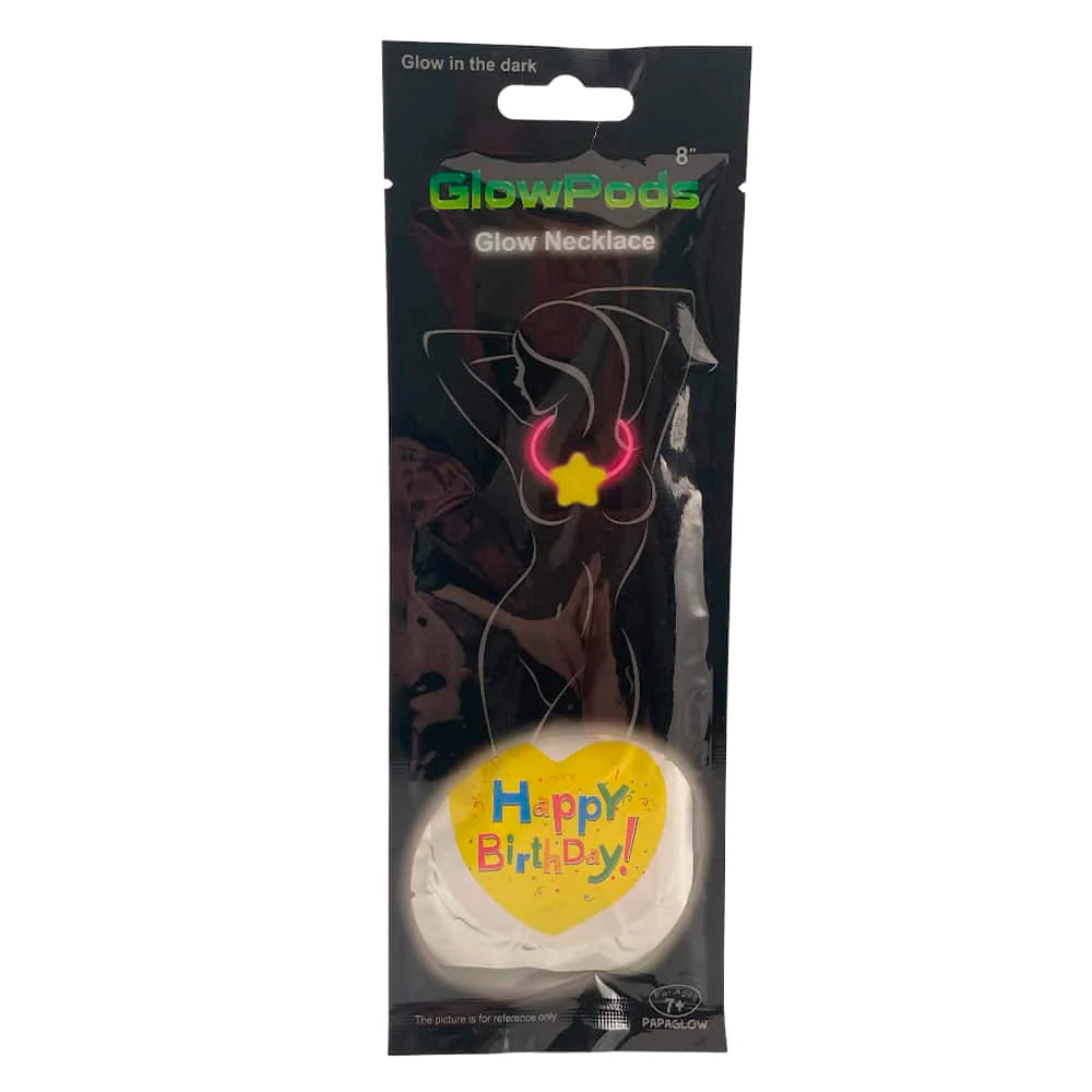 Halskæde m/hjerte- Selvlysende glow stick 2 modeller Happy Birthday gul