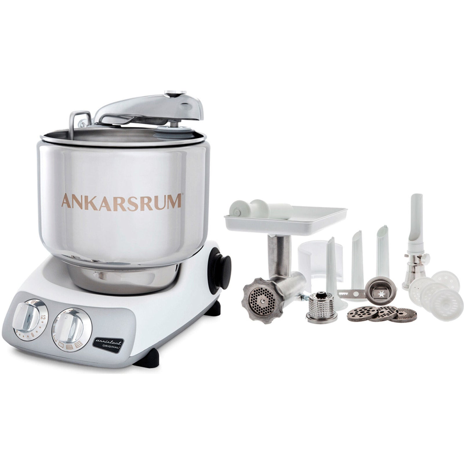 Ankarsrum Ankarsrum Assistent AKM 6230 røremaskine + komplet kødhakker, glossy white – billede i brug (Røremaskiner)