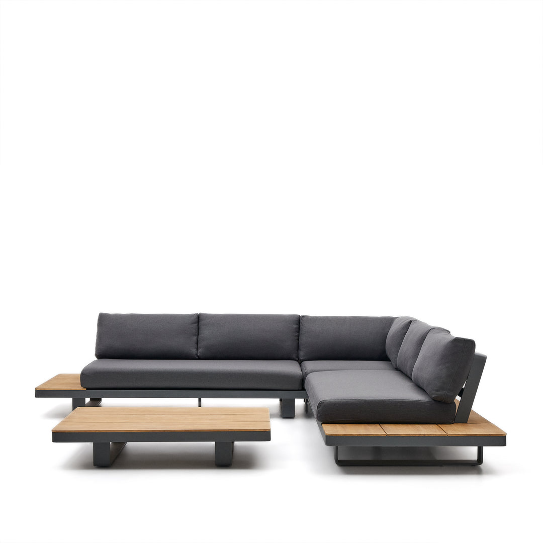 KAVE HOME Tosqueta udendørs loungesæt 5-pers. hjørnesofa og 1 bord aluminium og teaktræ sæt med 2