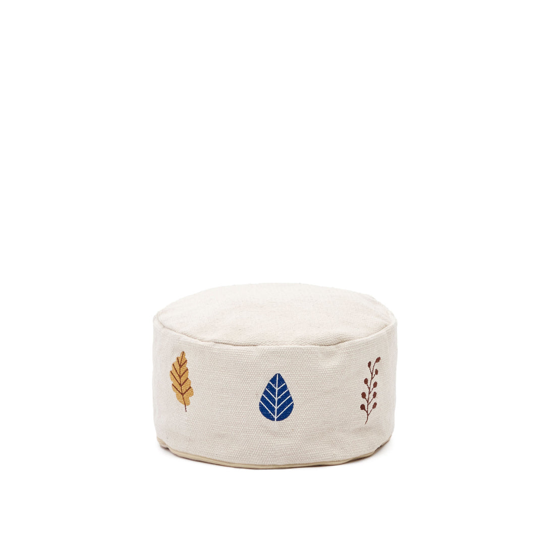 KAVE HOME Yanil puf til børn rund hvid bomuld med flerfarvet bladbroderi Ø40