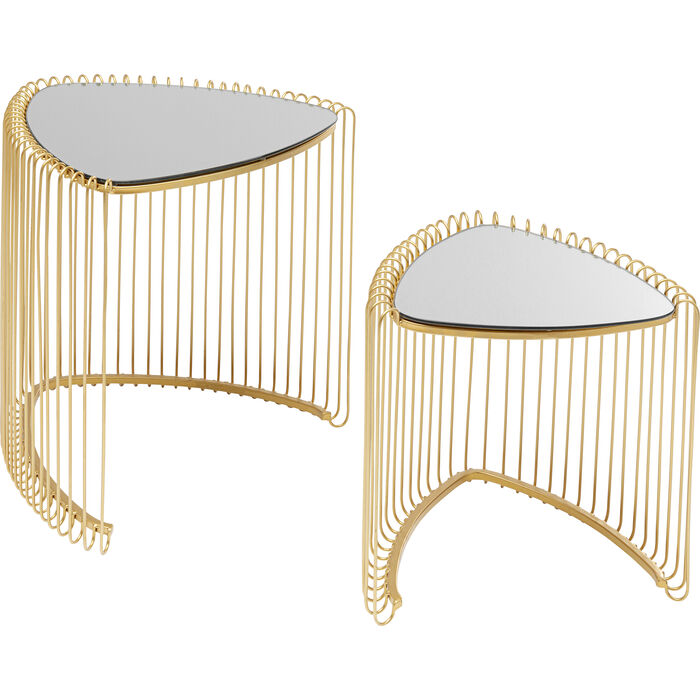 KARE DESIGN Wire Triangle Gold sidebord trekantet spejlglas og guld stål sæt af 2