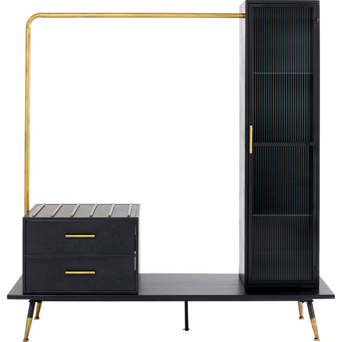 KARE DESIGN La Gomera garderobeskab m. 1 låge og 2 skuffer klar glas sort MDF messing/sort stål