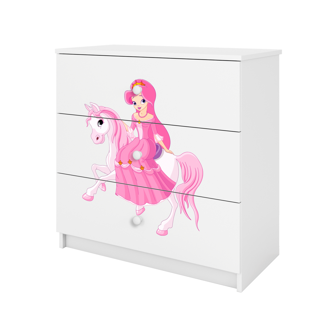 Babydreams børnekommode med prinsesse på hest m. 3 skuffer hvid laminat