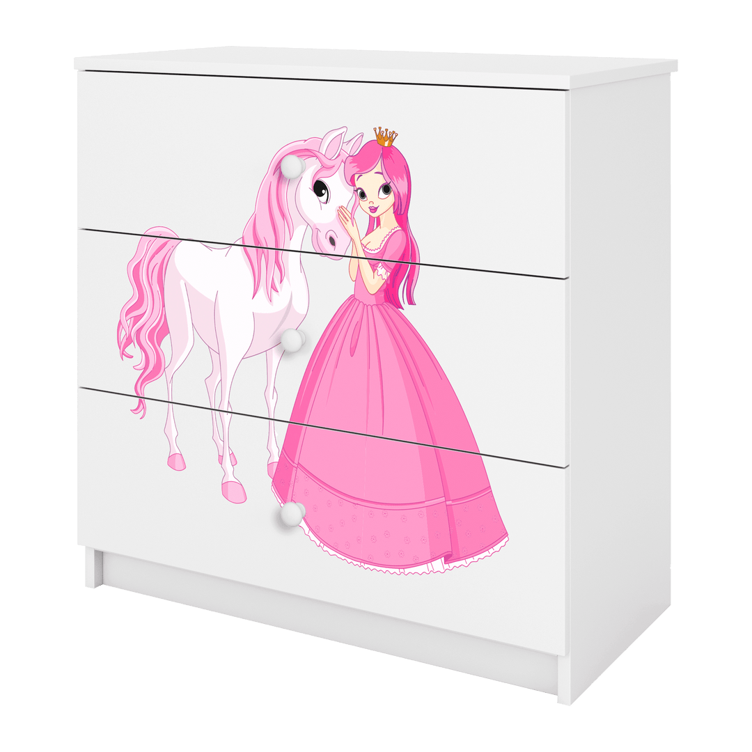 Babydreams børnekommode med prinsesse og hest m. 3 skuffer hvid laminat