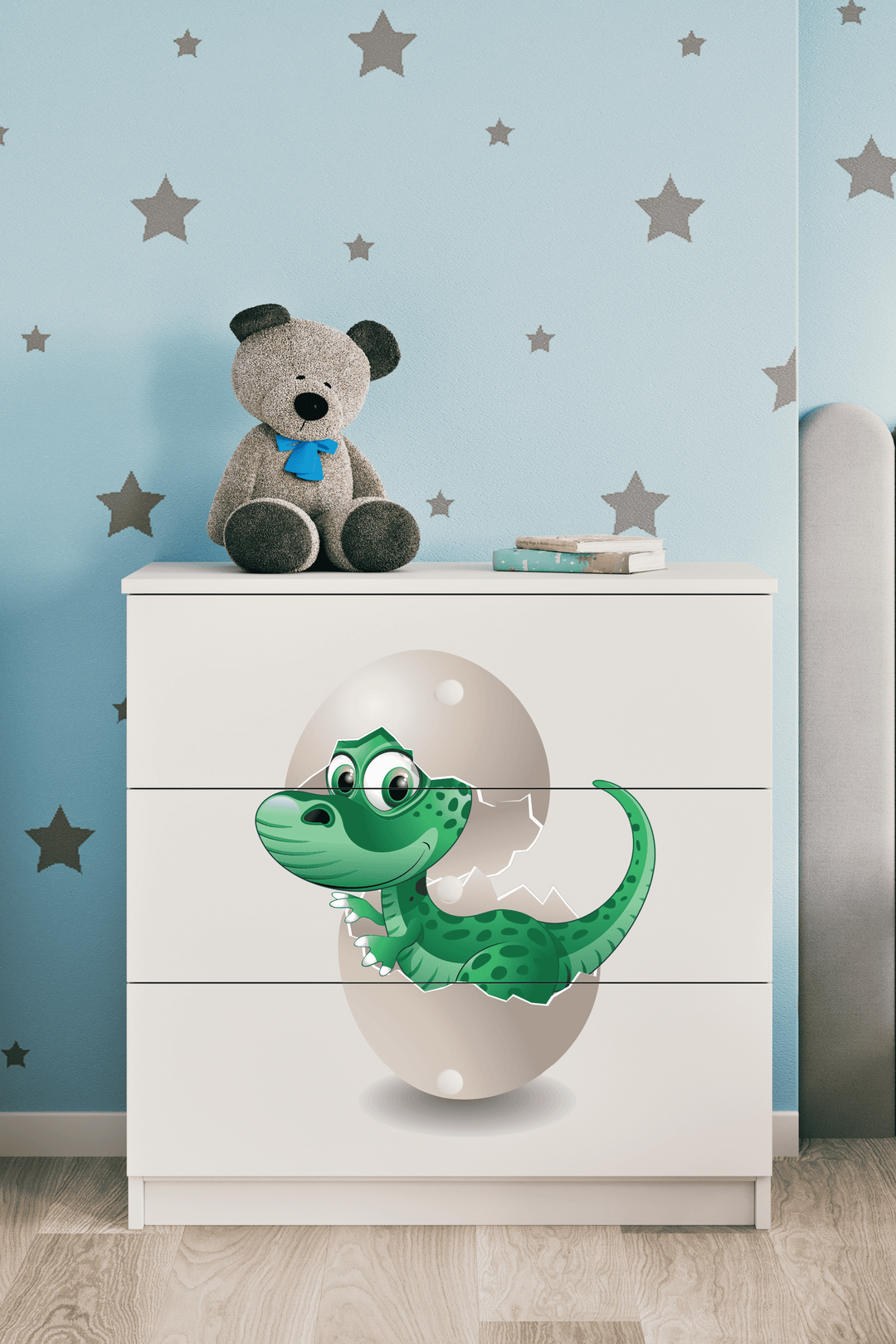 Babydreams børnekommode med lille dino m. 3 skuffer hvid laminat