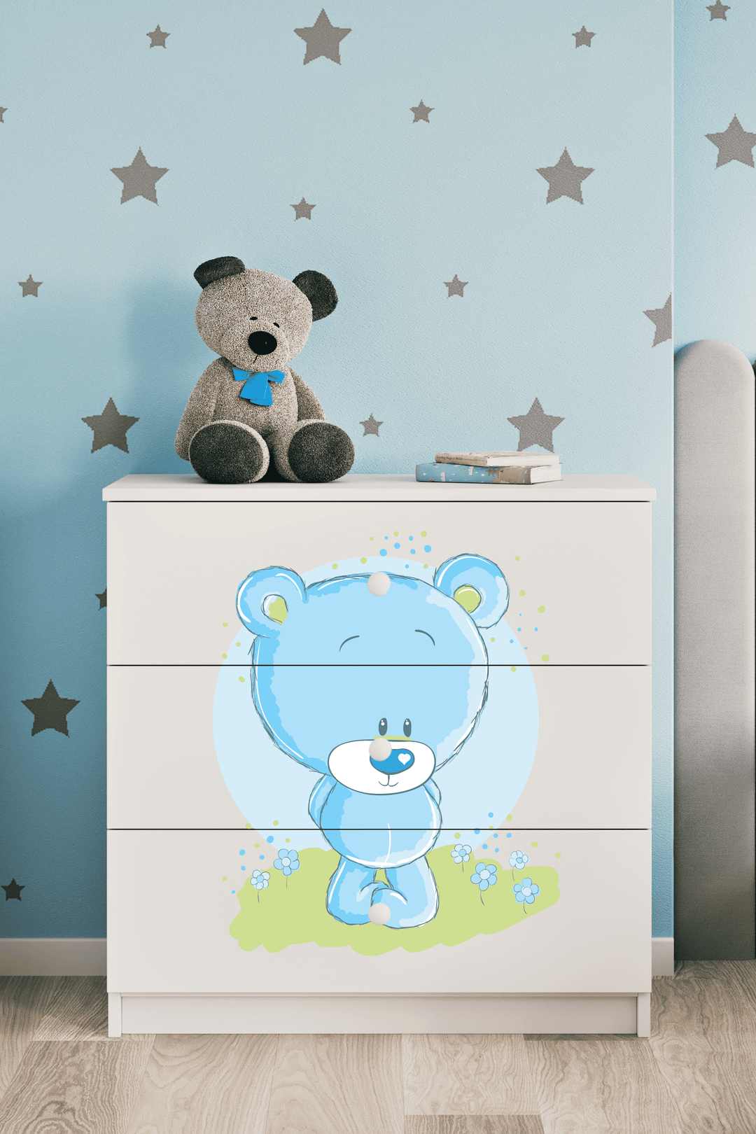 Babydreams børnekommode med blå bamse m. 3 skuffer hvid laminat