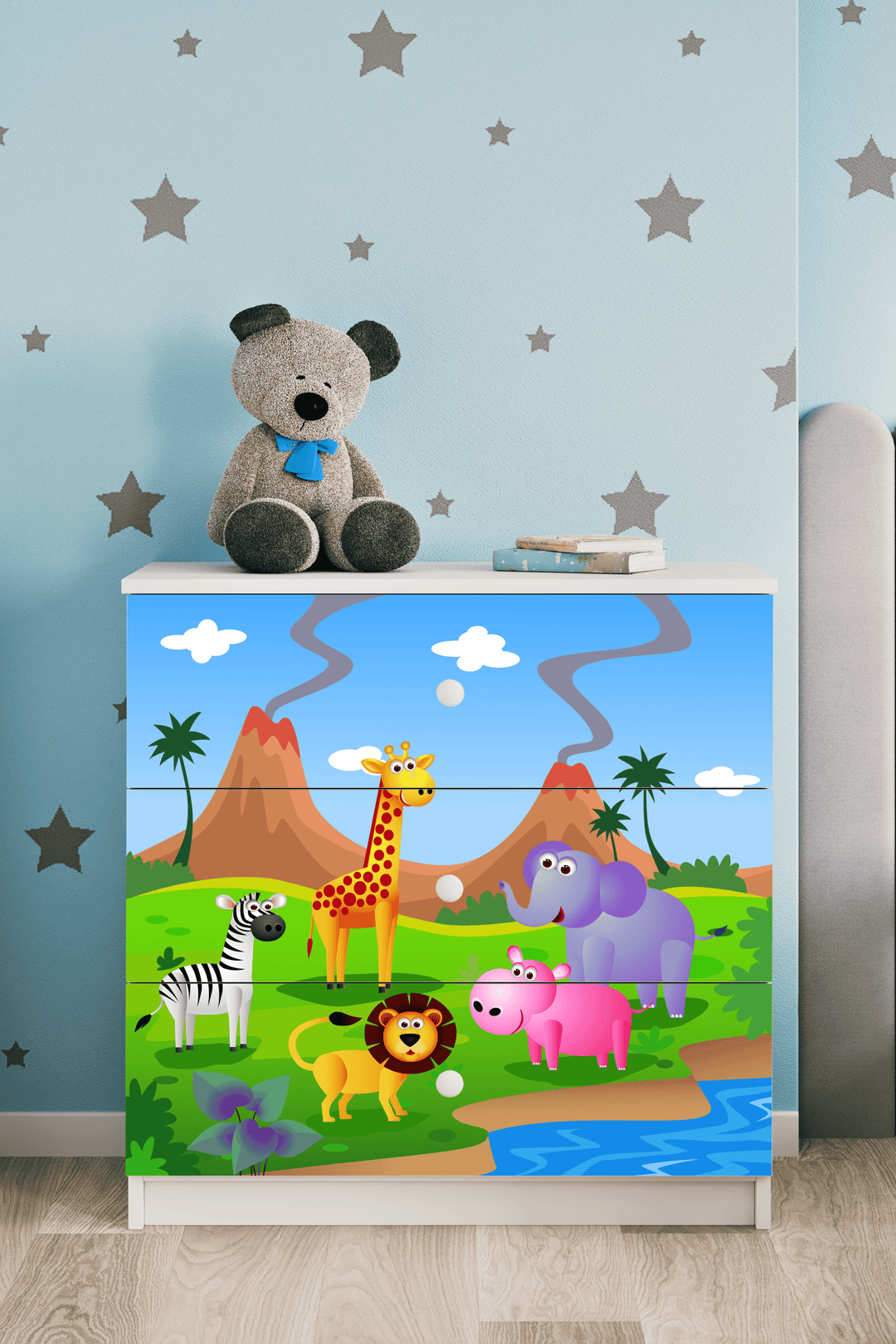 Babydreams børnekommode med safari dyr m. 3 skuffer hvid laminat