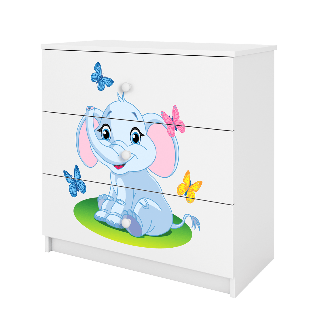 Babydreams børnekommode med elefant med sommerfugle m. 3 skuffer hvid laminat