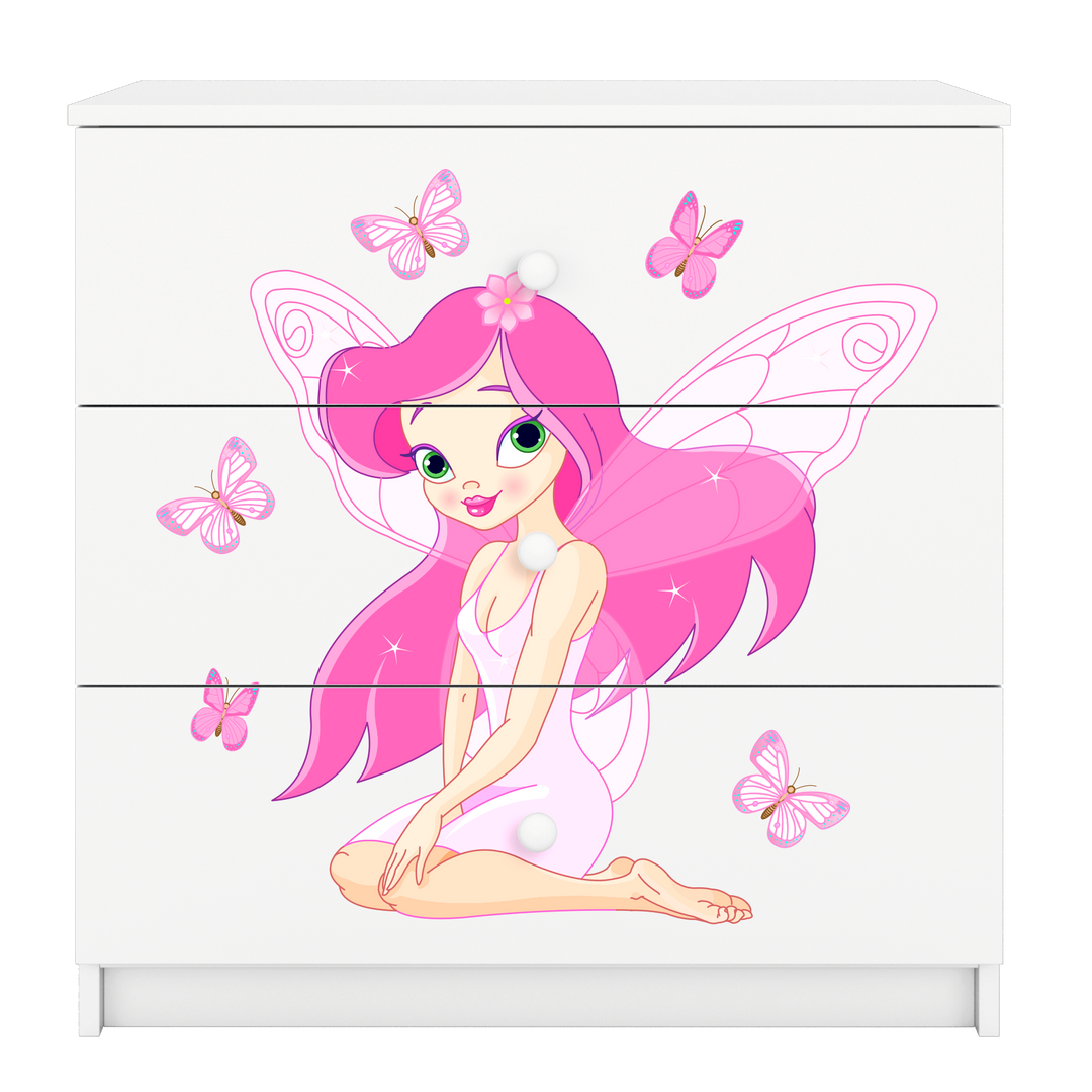 Babydreams børnekommode med fe med sommerfugle m. 3 skuffer hvid laminat