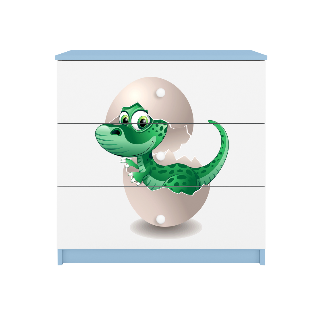 Babydreams børnekommode med lille dino m. 3 skuffer hvid og blå laminat