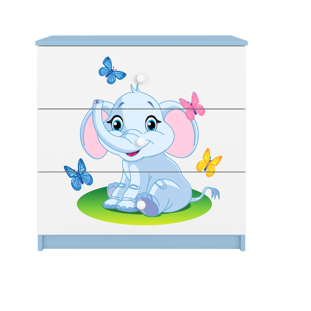 Babydreams børnekommode med elefant med sommerfugle m. 3 skuffer hvid og blå laminat