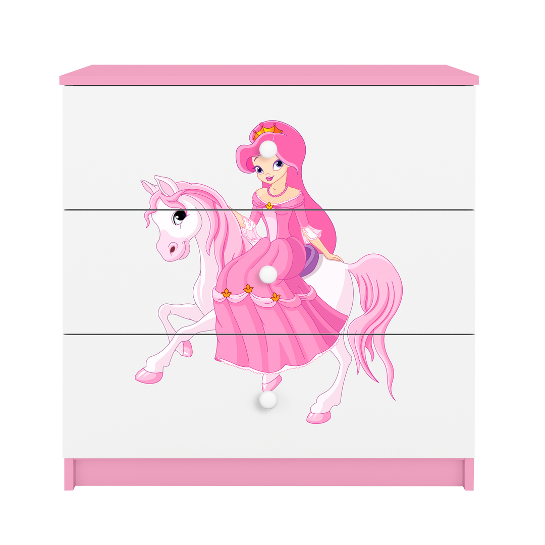 Babydreams børnekommode med prinsesse på hest m. 3 skuffer hvid og lyserød laminat