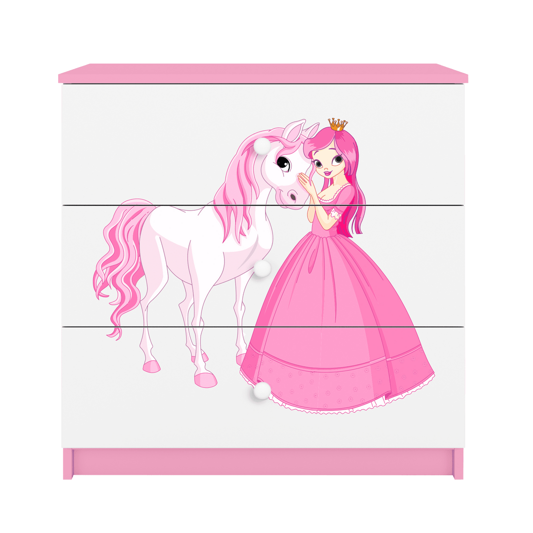 Babydreams børnekommode med prinsesse med hest m. 3 skuffer hvid og lyserød laminat