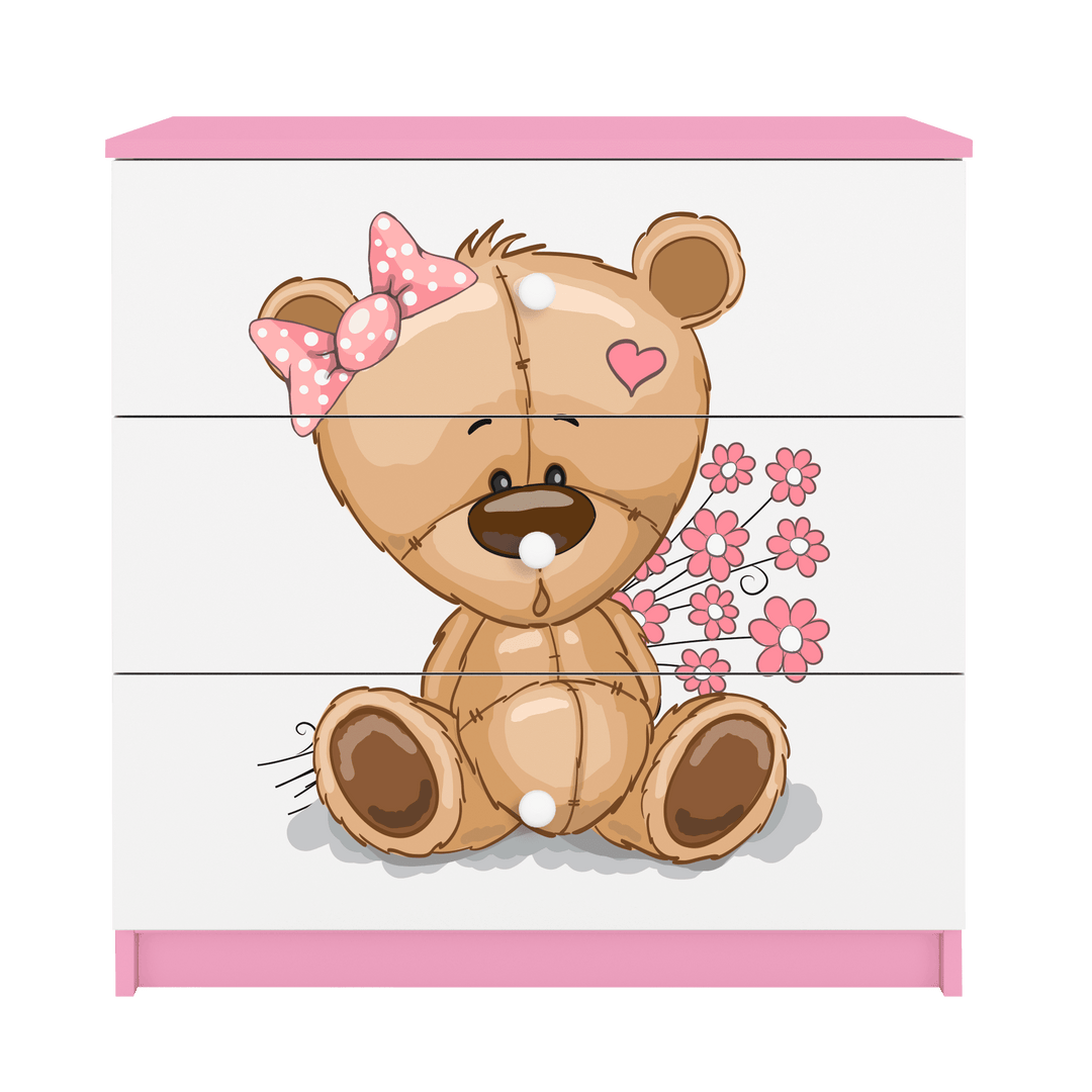 Babydreams børnekommode med bamse med blomster m. 3 skuffer hvid og lyserød laminat