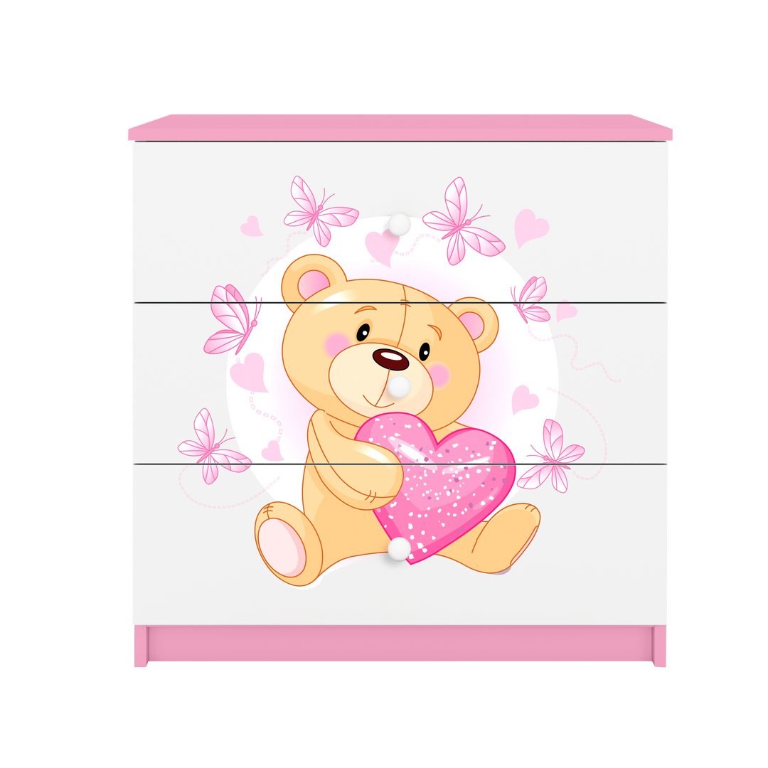 Babydreams børnekommode med bamse med sommerfugle m. 3 skuffer hvid og lyserød laminat
