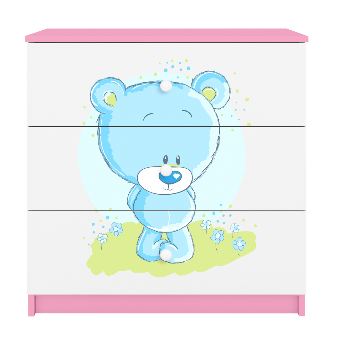 Babydreams børnekommode med blå bamse m. 3 skuffer hvid og lyserød laminat