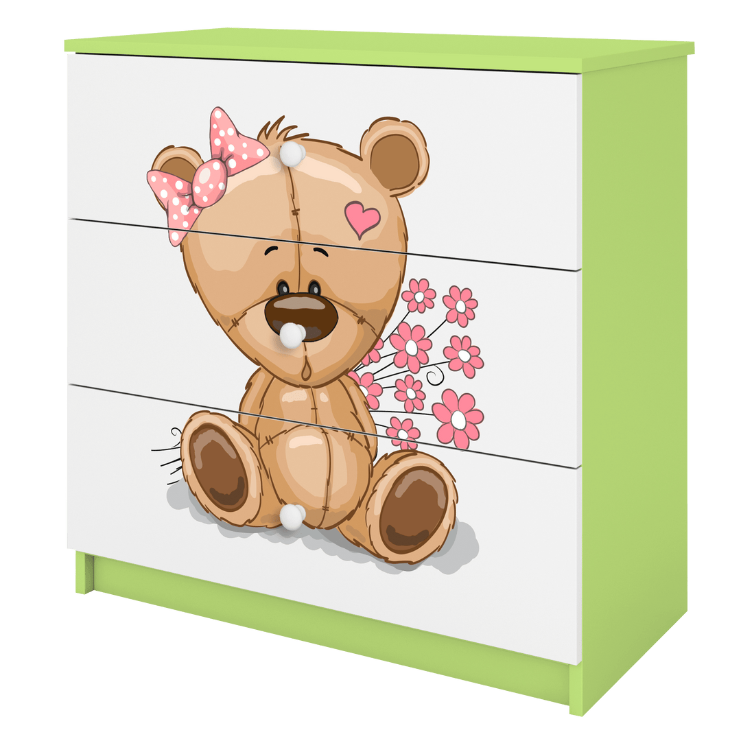 Babydreams børnekommode med bamse med blomster m. 3 skuffer hvid og grøn laminat