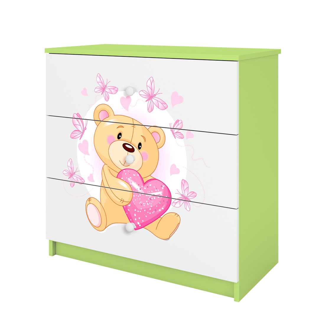 Babydreams børnekommode med bamse med sommerfugle m. 3 skuffer hvid og grøn laminat