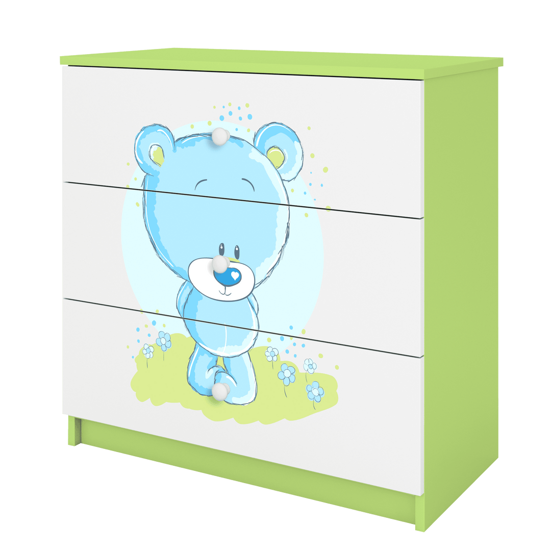 Babydreams børnekommode med blå bamse m. 3 skuffer hvid og grøn laminat
