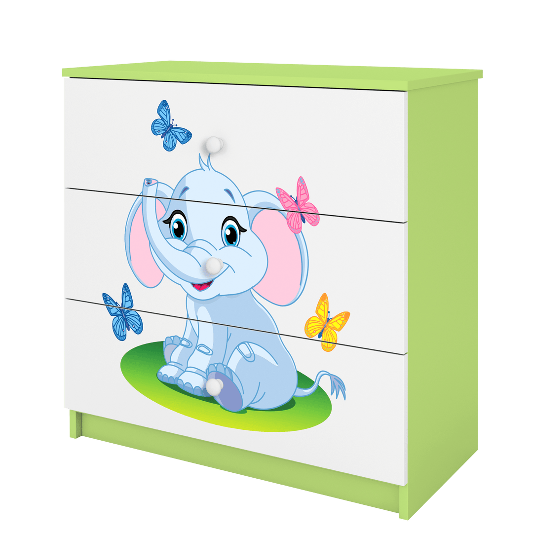 Babydreams børnekommode med elefant med sommerfugle m. 3 skuffer hvid og grøn laminat