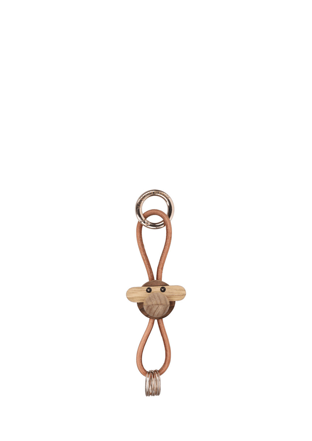 Produktbillede af Kay Bojesen Abe guld nøglering med naturlæder teak/limba i premium kvalitet