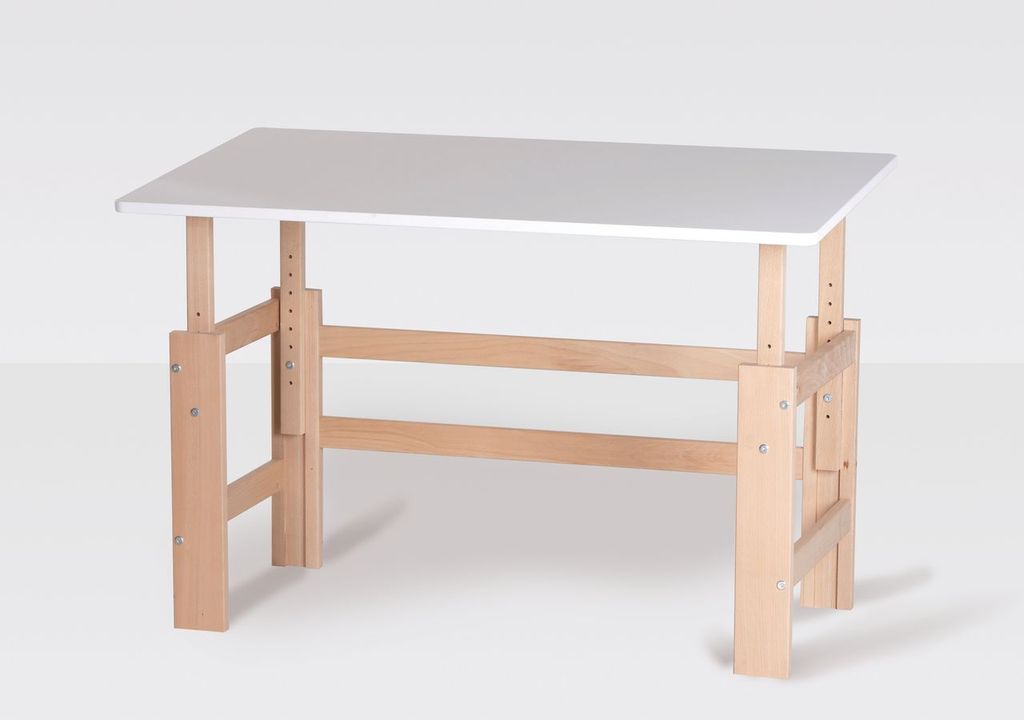 Manis-H  Justerbart skrivebord med stel i bøgetræ 115 cm  -  Skrivebord 115cm: 60/80X115x65cm