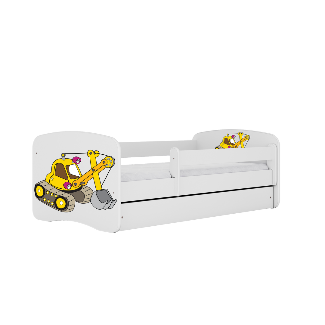 Babydreams juniorseng med gravemaskine m. madras sengehest og skuffe hvid laminat 140x70