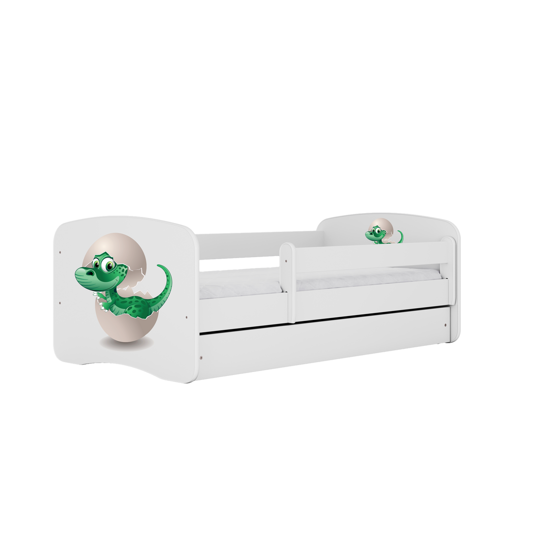 Babydreams juniorseng med lille dino m. madras sengehest og skuffe hvid laminat 140x70
