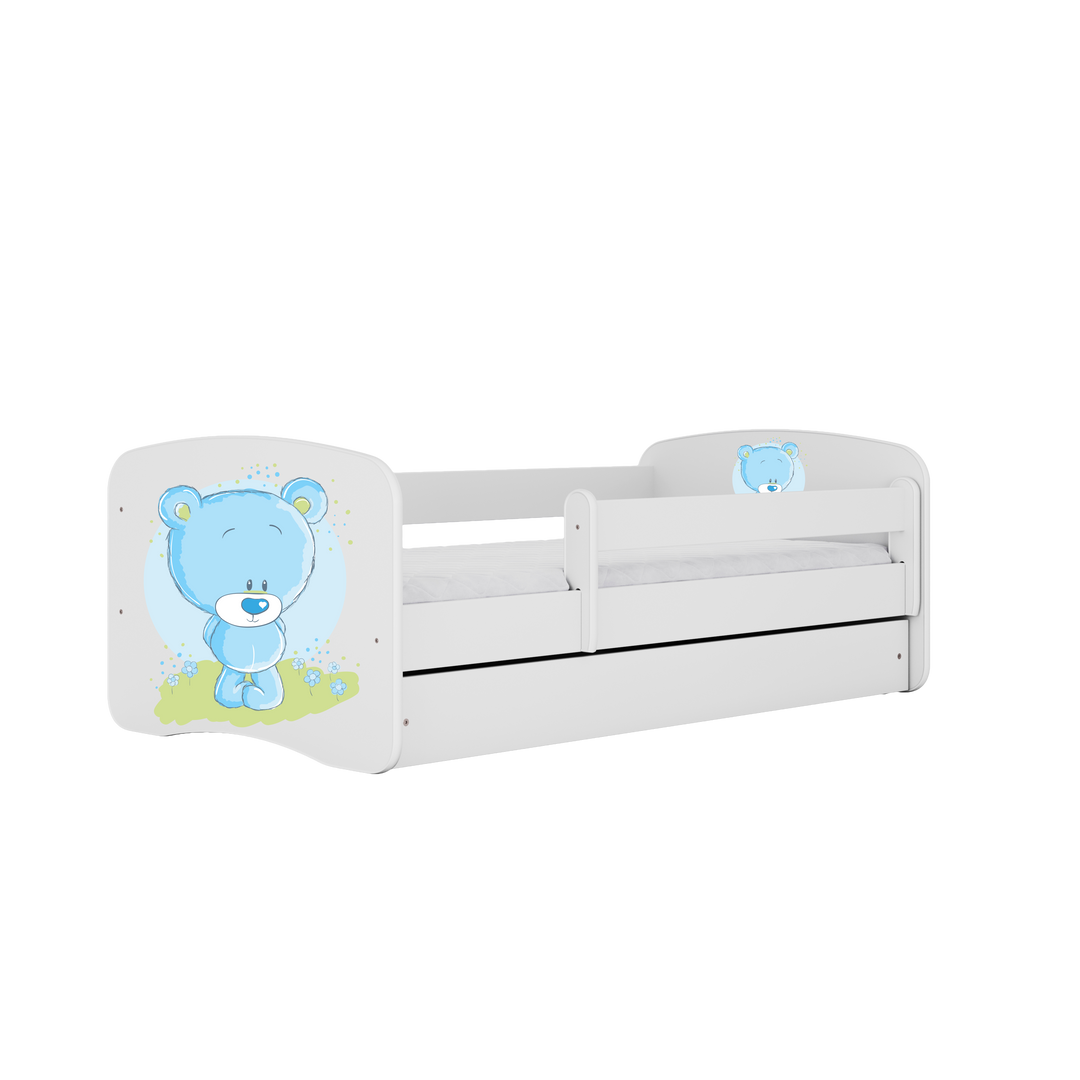 Babydreams juniorseng med blå bamse m. madras sengehest skuffe hvid laminat 180x80