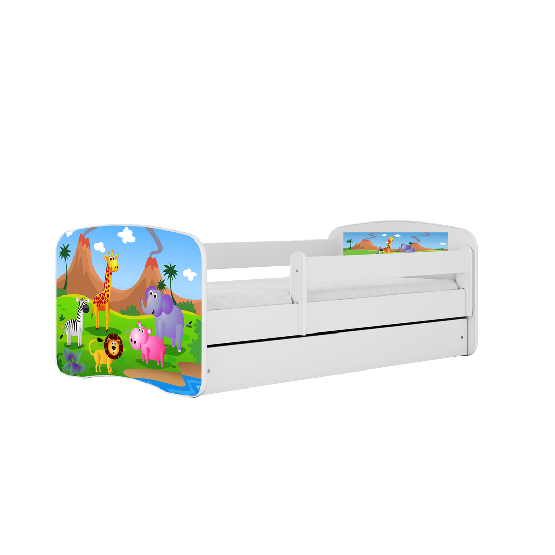 Babydreams juniorseng med safari dyr m. madras sengehest skuffe hvid laminat 180x80