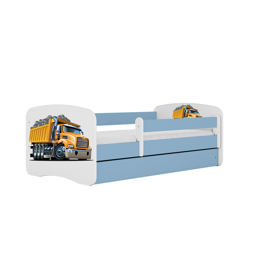 Babydreams juniorseng med lastbil m. madras sengehest skuffe hvid og blå laminat 140x70