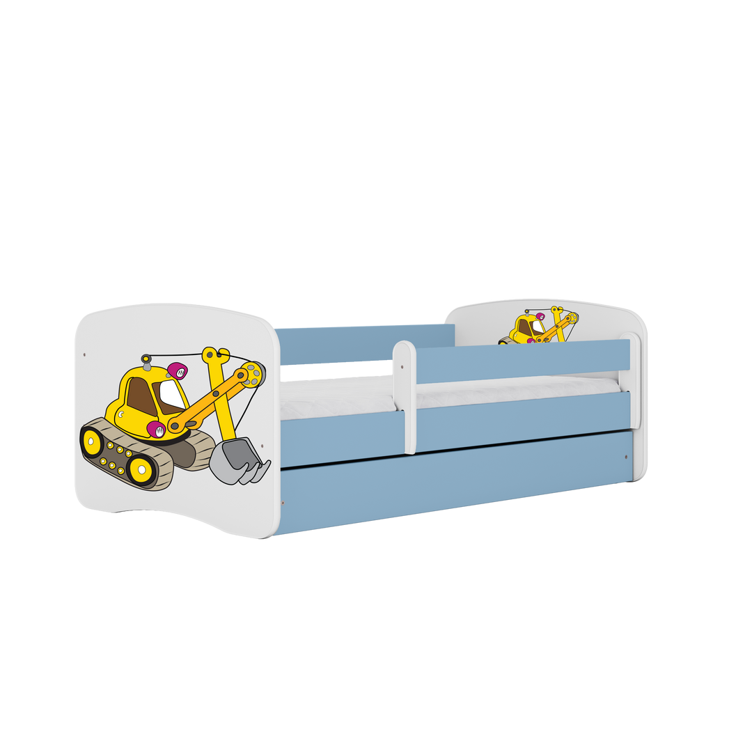 Babydreams juniorseng med gravemaskine m. madras sengehest skuffe hvid og blå laminat 140x70