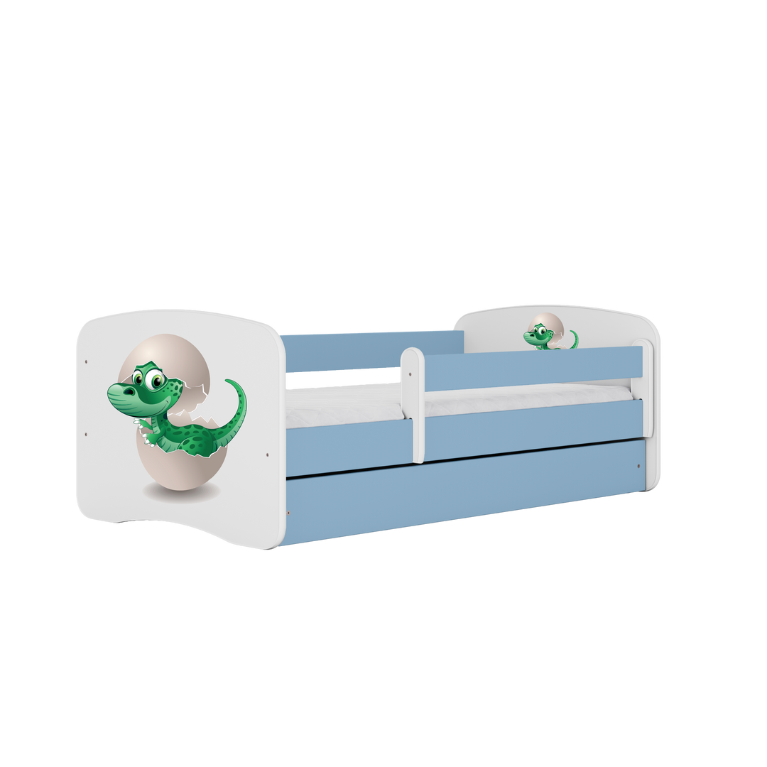 Babydreams juniorseng med lille dino m. madras sengehest skuffe hvid og blå laminat 140x70