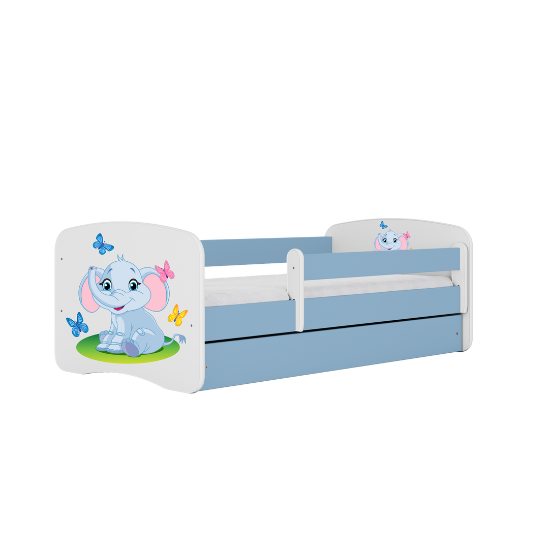 Babydreams juniorseng med elefant m. madras sengehest skuffe hvid og blå laminat 160x80