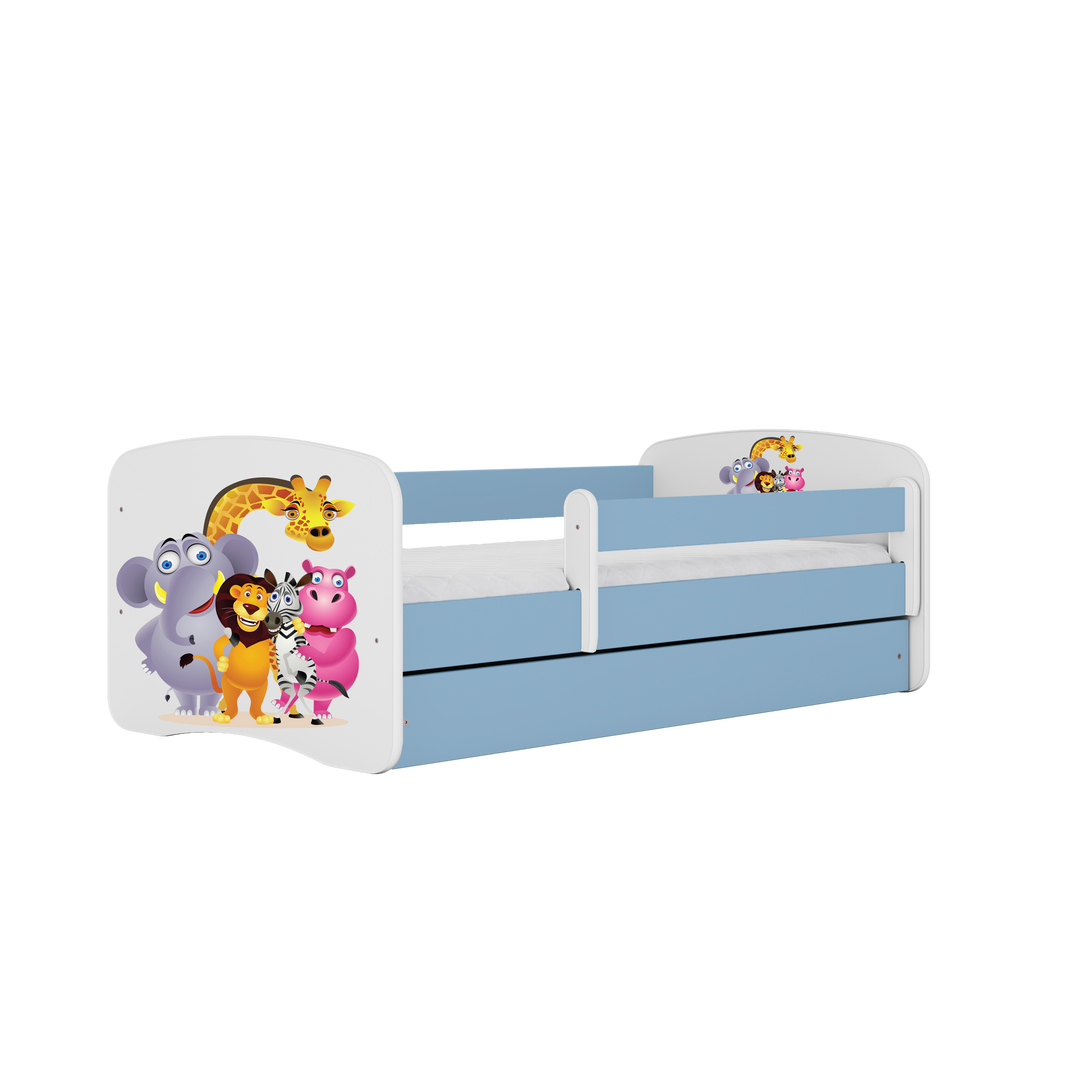 Babydreams juniorseng med Zoo dyr m. madras sengehest skuffe hvid og blå laminat 160x80