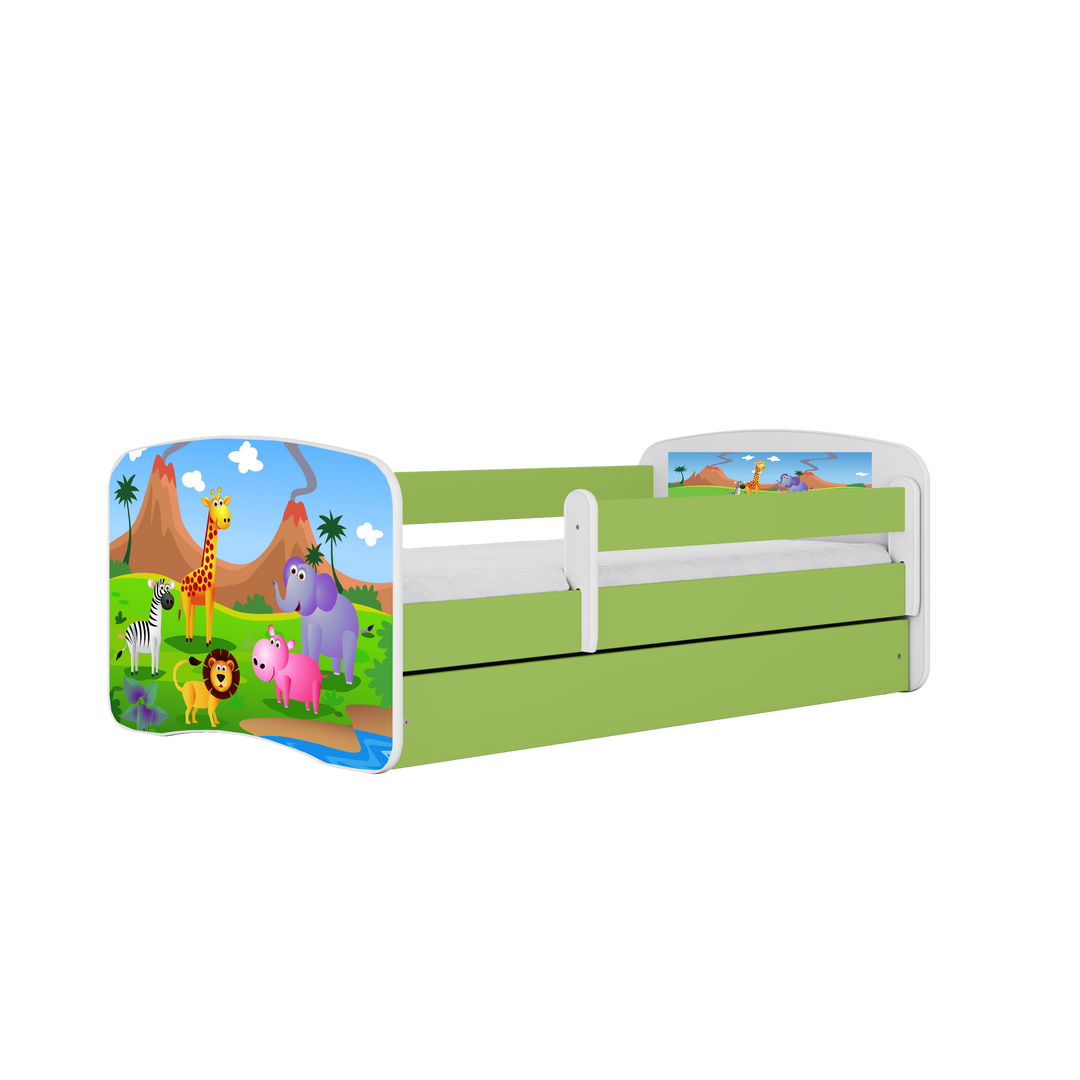 Babydreams juniorseng med safari dyr m. madras sengehest skuffe hvid/grøn laminat 180x80