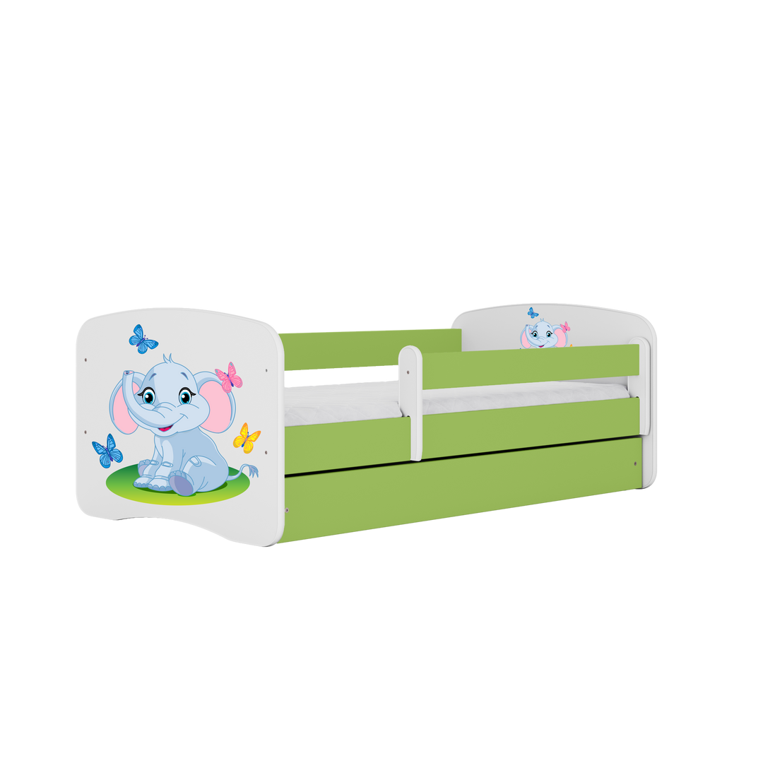 Babydreams juniorseng med elefant m. madras sengehest skuffe hvid/grøn laminat 160x80
