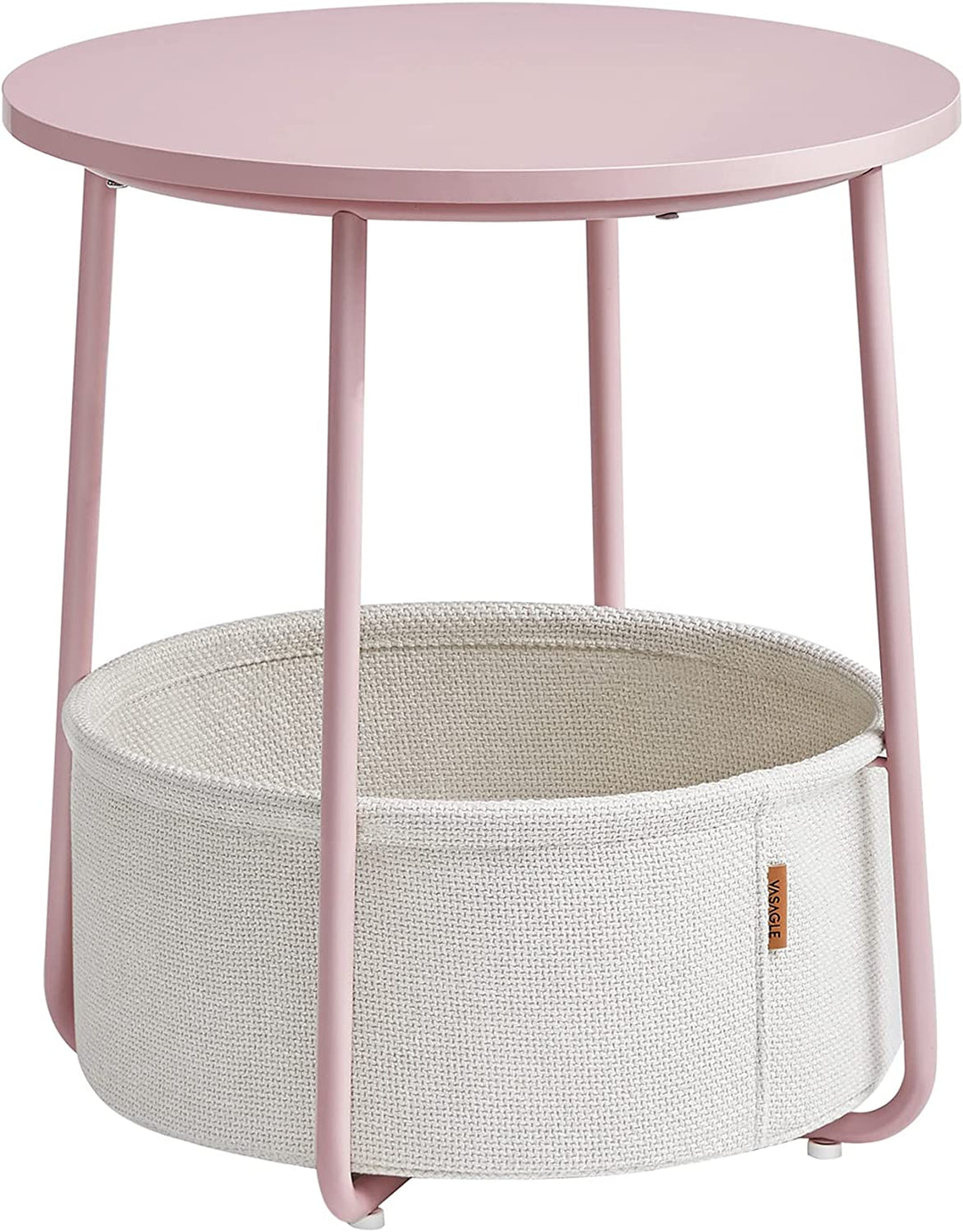 VASAGLE sidebord rund m. 1 stofkurv hvid polyester og pastel pink spånplade/stål Ø45