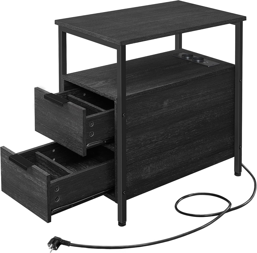 VASAGLE sidebord m. strømstik og 2 skuffer antracitgrå spånplade og sort stål 60x35